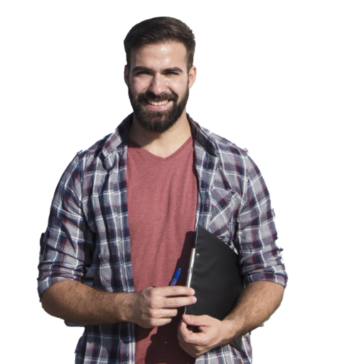 A man with a beard, dressed in a plaid shirt, is holding a notebook, suggesting a moment of reflection or creativity.
