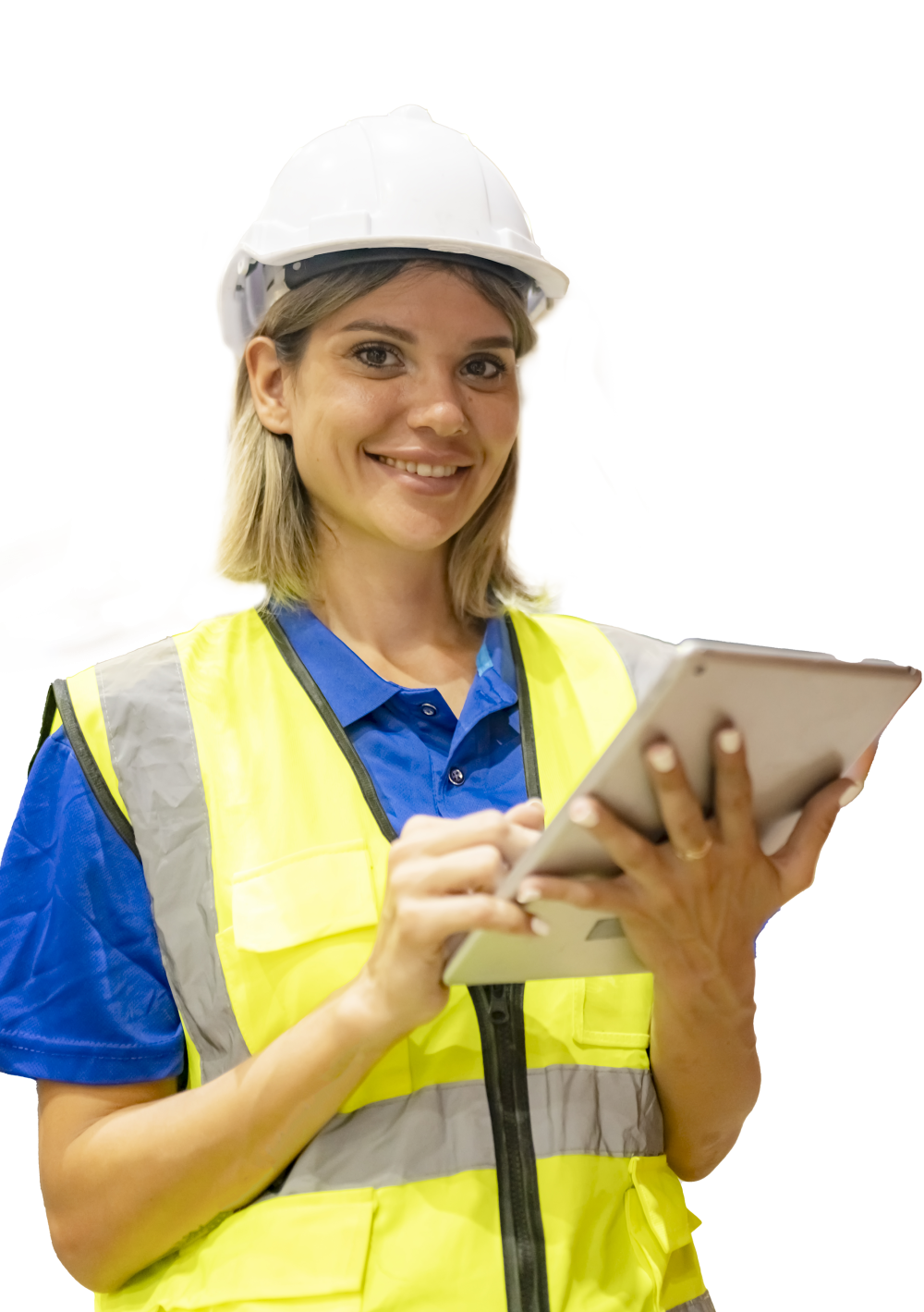 A woman with a hard hat and safety vest is holding a tablet, showcasing her engagement in a professional work setting